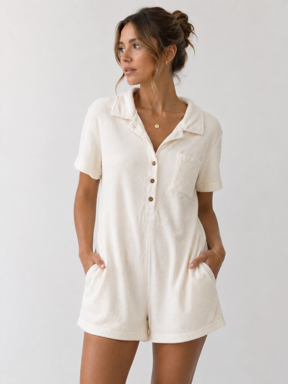 Ascot + Hart Terry Cloth Collared Short Sleeve Button Front Romper White S